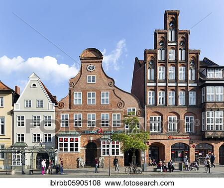 Town houses Am Sande, North German brick houses with stepped gables, Lüneburg, Lower Saxony, Germany, Europe View Large Photo Image Stock Photo - Town houses Am Sande, North German brick houses with stepped gables, Lüneburg, Lower Saxony, Germany, Europe. Fotosearch
