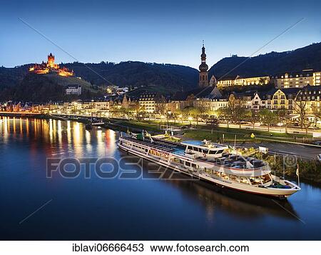 Town view of Cochem at the Moselle with Reichsburg castle, night view, Cochem, Rhineland-Palatinate, Germany, Europe View Large Photo Image Stock Image - Town view of Cochem at the Moselle with Reichsburg castle, night view, Cochem, Rhineland-Palatinate, Germany, Europe. Fotosearch