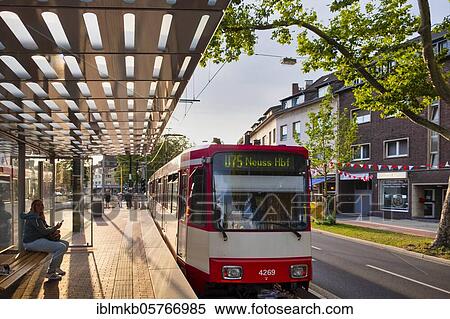 Stock Photography - Tram of the Rheinbahn at the stop Nikolaus-Kopp-Platz in the district Heerdt, Düsseldorf, North Rhine-Westphalia, Germany, Europe. Fotosearch