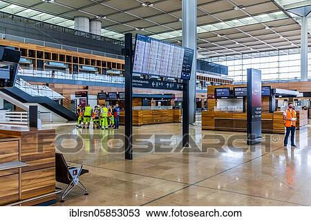 Stock Image - Trial operation in the departure hall in Terminal 1 of the new Berlin Airport BER, Schönefeld, Germany, Europe. Fotosearch