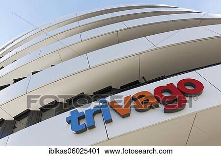 Stock Image - Trivago lettering at the company headquarters, hotel comparison portal, Medienhafen Düsseldorf, North Rhine-Westphalia, Germany, Europe. Fotosearch