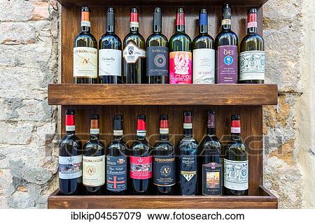 Stock Photo - Various wine bottles for wine-tasting, wine shop, Pienza, Tuscany, Italy, Europe. Fotosearch