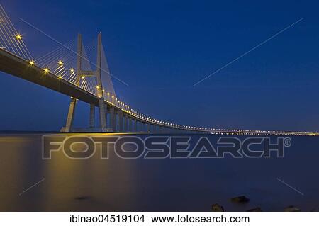 Vasco da Gama bridge over the Tagus river, dusk, Lisbon, Portugal, Europe View Large Photo Image Picture - Vasco da Gama bridge over the Tagus river, dusk, Lisbon, Portugal, Europe. Fotosearch