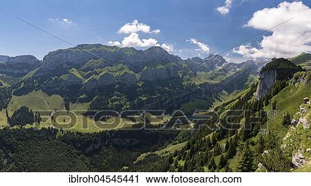 Stock Image - View from Ebenalp of Alpstein and Seealpsee, Canton of Appenzell Innerrhoden, Switzerland, Europe. Fotosearch