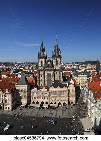 View from the Old Town Hall Tower on the Old Town Square with Tyn Church, historic centre, Prague, Czech Republic, Europe View Large Photo Image Picture - View from the Old Town Hall Tower on the Old Town Square with Tyn Church, historic centre, Prague, Czech Republic, Europe. Fotosearch