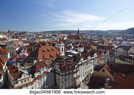 Stock Photograph - View from the Old Town Hall Tower on the historic centre, Prague, Czech Republic, Europe. Fotosearch
