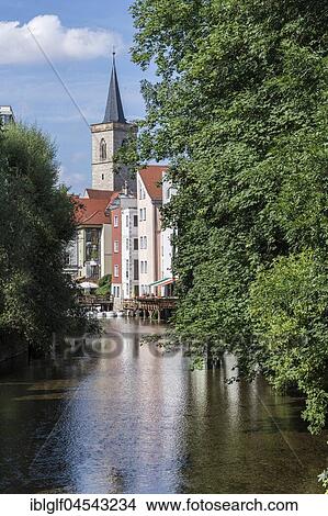 Picture - View of Aegidienkirche from Gera Bridge, Erfurt, Thuringia, Germany, Europe. Fotosearch