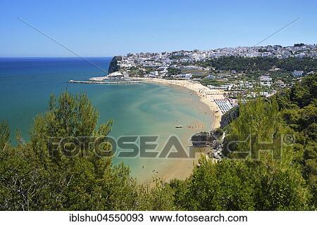 Stock Image - View of Peschici, province of Foggia, Puglia, Gargano, Adriatic Sea, Italy, Europe. Fotosearch