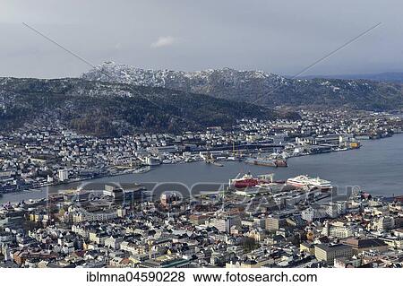 Stock Photo - View over town and harbour from the mountain Fløyen, Bergen, Hordaland, Norway, Europe. Fotosearch