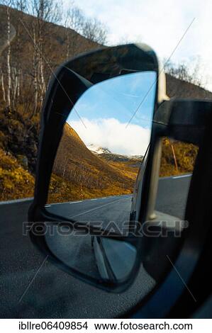 View through campervan mirror into autumnal fjord landscape, Fjordgard, Senja, Norway, Europe View Large Photo Image Picture - View through campervan mirror into autumnal fjord landscape, Fjordgard, Senja, Norway, Europe. Fotosearch