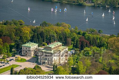 Villa Hügel with sailing boats on Lake Baldeney, Essen, Ruhr area, North Rhine-Westphalia, Germany, Europe View Large Photo Image Picture - Villa Hügel with sailing boats on Lake Baldeney, Essen, Ruhr area, North Rhine-Westphalia, Germany, Europe. Fotosearch