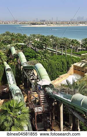 Water slide in Aquaventure Park at Atlantis Hotel, The Palm Jumeirah, Dubai, United Arab Emirates, Asia View Large Photo Image Stock Photography - Water slide in Aquaventure Park at Atlantis Hotel, The Palm Jumeirah, Dubai, United Arab Emirates, Asia. Fotosearch