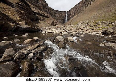 Stock Photo - Waterfall Hengifoss, East Island, Island. Fotosearch