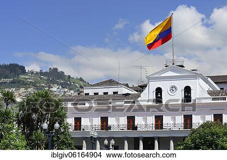 Picture - Waving national flag over the seat of government Palacio de Carondelet, Quito, Pichincha Province, Ecuador, South America. Fotosearch
