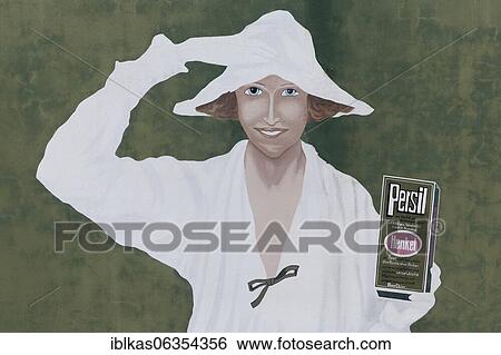 Stock Photograph - White woman, Persil woman, historical advertising figure, mural at Henkel headquarters, Düsseldorf-Holthausen, North Rhine-Westphalia, Germany, Europe. Fotosearch
