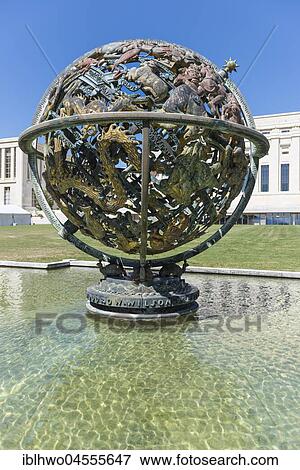 Stock Photo - Wilson Globus or Celestial Globe, Ariana Park, at back Palace of Nations, United Nations Office in Geneva, UNOG, Geneva, Switzerland, Europe. Fotosearch