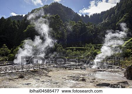 Wooden footbridge through fumaroles, hot springs, Caldeiras da Lagoa da Furnas, Furnas, Island of Sao Miguel, Azores, Portugal, Europe View Large Photo Image Stock Photo - Wooden footbridge through fumaroles, hot springs, Caldeiras da Lagoa da Furnas, Furnas, Island of Sao Miguel, Azores, Portugal, Europe. Fotosearch