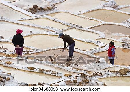 Stock Image - Workers in the salt mines of Maras, Sacred Valley of the Incas, Province of Cusco, Peru, South America. Fotosearch