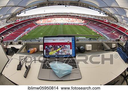 Workplace of a journalist, press tribune, ghost game in the Bundesliga, Mercedes-Benz Arena, Corona crisis, Stuttgart, Baden-Württemberg, Germany, Europe View Large Photo Image Picture - Workplace of a journalist, press tribune, ghost game in the Bundesliga, Mercedes-Benz Arena, Corona crisis, Stuttgart, Baden-Württemberg, Germany, Europe. Fotosearch