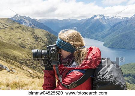 Young woman taking a picture, Kepler Track, Fiordland National Park, Southland, New Zealand, Oceania View Large Photo Image Stock Image - Young woman taking a picture, Kepler Track, Fiordland National Park, Southland, New Zealand, Oceania. Fotosearch