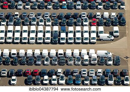 Picture - Aerial photograph, new car parking lot, Citroen, Peugeot, Ford cars, Wallenius Wilhelmsen Logistics, Zülpich, Rhineland, North Rhine-Westphalia, Germany, Europe. Fotosearch