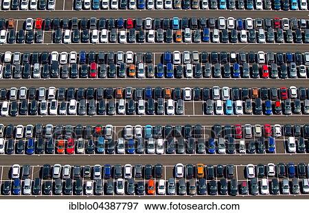 Stock Photo - Aerial photograph, new car parking lot, Citroen, Peugeot, Ford, colourful rows of cars, Wallenius Wilhelmsen Logistics, Zülpich, Rhineland, North Rhine-Westphalia, Germany, Europe. Fotosearch