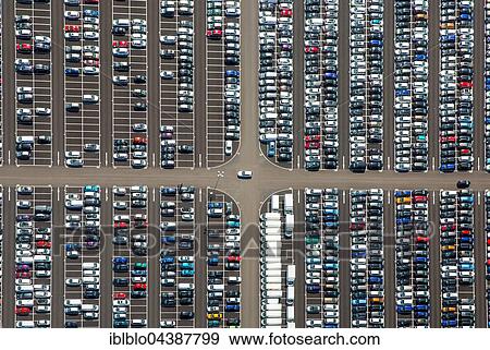 Stock Photo - Aerial photograph, new car parking lot, Citroen, Peugeot, Ford, colourful rows of cars, Wallenius Wilhelmsen Logistics, Zülpich, Rhineland, North Rhine-Westphalia, Germany, Europe. Fotosearch