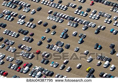 Stock Photography - Aerial photograph, new car parking lot, Citroen, Peugeot, Ford, colourful rows of cars, Wallenius Wilhelmsen Logistics, Zülpich, Rhineland, North Rhine-Westphalia, Germany, Europe. Fotosearch