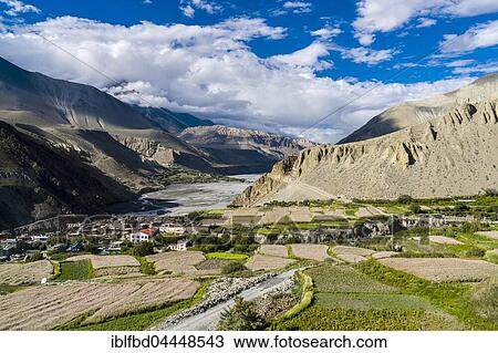 Aerial view, agricultural landscape of Kali Gandaki valley with barley fields and houses in village, Kagbeni, Mustang District, Nepal, Asia View Large Photo Image Stock Image - Aerial view, agricultural landscape of Kali Gandaki valley with barley fields and houses in village, Kagbeni, Mustang District, Nepal, Asia. Fotosearch