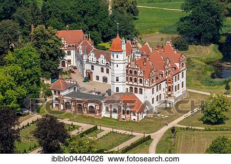 Stock Photograph - Aerial view, Basedow Castle, Mecklenburg Lake Plateau, Mecklenburg-Western Pomerania, Germany, Europe. Fotosearch