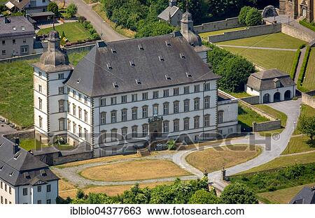 Stock Image - Aerial view, Deutschordensschloss, German Order Castle, Mülheim, Sauerland, North Rhine-Westphalia, Germany, Europe. Fotosearch