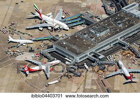 Aerial view, Düsseldorf Airport, A6-EOB Emirates Airbus A380-861 at gate, passenger boarding bridge, Düsseldorf, Rhineland, North Rhine-Westphalia, Germany, Europe View Large Photo Image Stock Image - Aerial view, Düsseldorf Airport, A6-EOB Emirates Airbus A380-861 at gate, passenger boarding bridge, Düsseldorf, Rhineland, North Rhine-Westphalia, Germany, Europe. Fotosearch