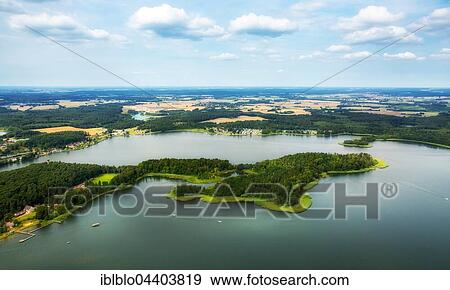 Stock Photo - Aerial view, lake with peninsulas, Lake Krakow, Lehmwerder and Ehmkewerder, Mecklenburg Lake District, Mecklenburg-Western Pomerania, Germany, Europe. Fotosearch