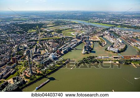 Stock Image - Aerial view, Medienhafen or Media Harbour, River Rhine, Düsseldorf, Rhineland, North Rhine-Westphalia, Germany, Europe. Fotosearch