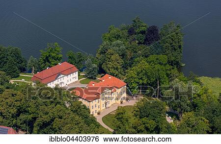 Stock Photograph - Aerial view, Mirow Castle, castle island, Lake Mirow, Mecklenburg Lake Plateau, Mecklenburg-Western Pomerania, Germany, Europe. Fotosearch