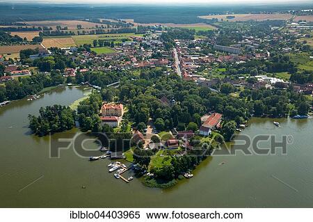 Stock Photography - Aerial view, Mirow Castle, castle island, Lake Mirow, Mecklenburg Lake Plateau, Mecklenburg-Western Pomerania, Germany, Europe. Fotosearch