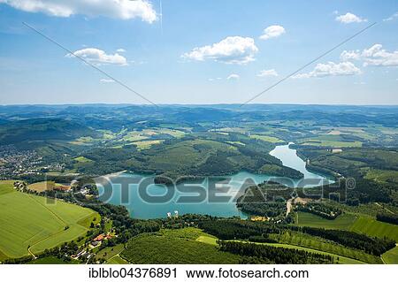Stock Image - Aerial view of Lake Hennesee, seascape, Meschede, Sauerland, North Rhine-Westphalia, Germany, Europe. Fotosearch