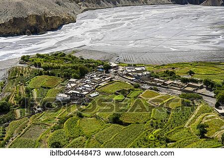 Aerial view of village, Tiri Gompa in Upper Mustang, located on green peninsula in Kali Gandaki valley, Tiri, Mustang District, Nepal, Asia View Large Photo Image Stock Image - Aerial view of village, Tiri Gompa in Upper Mustang, located on green peninsula in Kali Gandaki valley, Tiri, Mustang District, Nepal, Asia. Fotosearch
