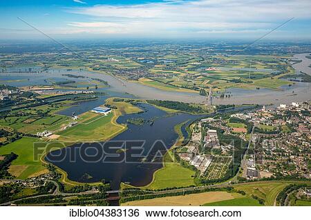 Stock Photograph - Aerial view, Rhine floods at the Lippe estuary, Niederrhein, North Rhine-Westphalia, Germany, Europe. Fotosearch
