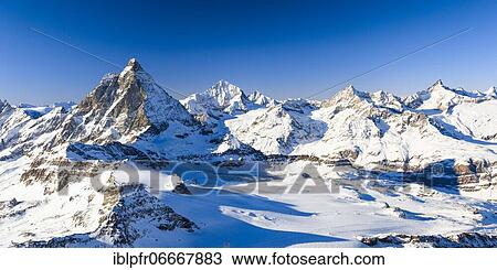Stock Image - Alps, View Klein Matterhorn, Dent d'Herens, 4171 (m), Matterhorn, 4478 m, Dent blanche, 4357 m, Obergabelhorn, 4063 m, Valais, Switzerland, Europe. Fotosearch