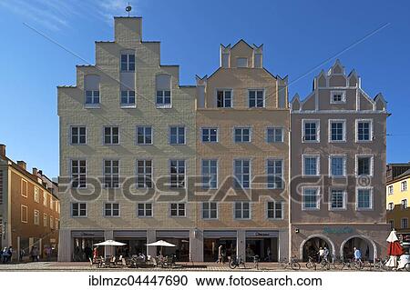 Stock Image - Alte Bürgerhäuser, row of historic houses, pedestrian area, historic centre, Landshut, Lower Bavaria, Germany, Europe. Fotosearch
