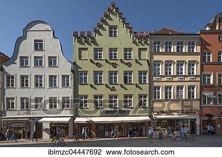 Stock Image - Alte Bürgerhäuser, row of historic houses, pedestrian area, historic centre, Landshut, Lower Bavaria, Germany, Europe. Fotosearch