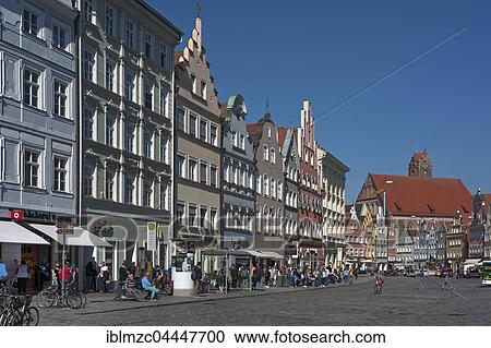 Stock Image - Alte Bürgerhäuser, row of historic houses, pedestrian area, historic centre, Landshut, Lower Bavaria, Germany, Europe. Fotosearch