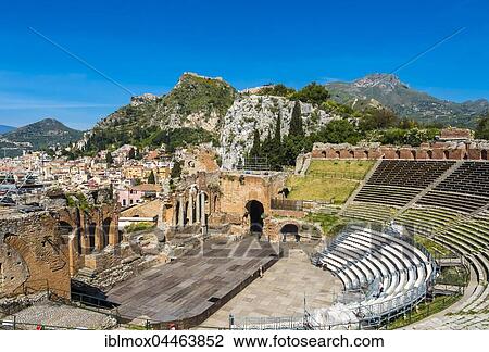 Stock Image - Amphitheatre ruins, Teatro Antico di Taormina, Taormina, Sicily, Italy, Europe. Fotosearch