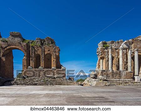 Amphitheatre ruins, Teatro Antico di Taormina, Taormina, Sicily, Italy, Europe View Large Photo Image Stock Photograph - Amphitheatre ruins, Teatro Antico di Taormina, Taormina, Sicily, Italy, Europe. Fotosearch