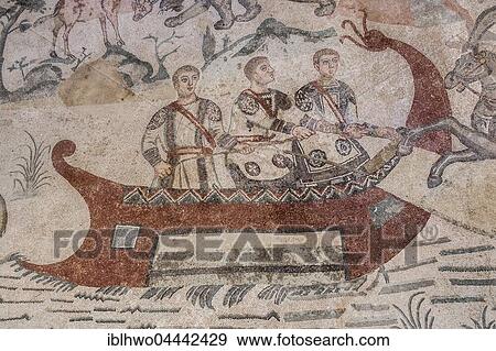 Stock Photo - Ancient roman floor mosaic, animals are pulled on board a ship, passage of great hunting, the little hunt mosaic, Villa Romana del Casale, UNESCO World Heritage Site, Piazza Armerina, Province of Enna, Sicily, Italy, Europe. Fotosearch