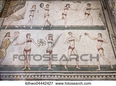 Ancient roman floor mosaic, bikini girls mosaic, Villa Romana del Casale, UNESCO World Heritage Site, Piazza Armerina, Province of Enna, Sicily, Italy, Europe View Large Photo Image Stock Photo - Ancient roman floor mosaic, bikini girls mosaic, Villa Romana del Casale, UNESCO World Heritage Site, Piazza Armerina, Province of Enna, Sicily, Italy, Europe. Fotosearch
