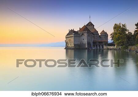 Attraction, Château de Chillon, Chillon, Lake Geneva, evening, dusk, twilight, mood, atmospheric, sunset, Lac Léman, Le Léman, reflection, castle, Chillon Castle, Switzerland, Europe View Large Photo Image Picture - Attraction, Château de Chillon, Chillon, Lake Geneva, evening, dusk, twilight, mood, atmospheric, sunset, Lac Léman, Le Léman, reflection, castle, Chillon Castle, Switzerland, Europe. Fotosearch