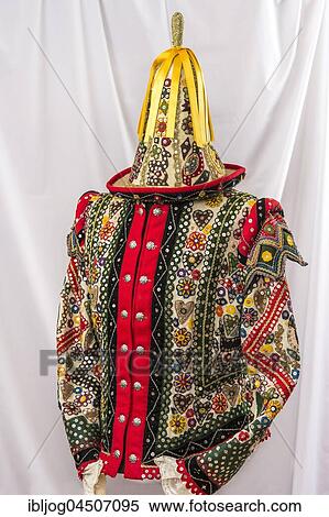 Stock Photography - Ausseer Flinserl, costume with hat, sequins, different appliqué designs, Bad Aussee, Styria, Austria, Europe. Fotosearch