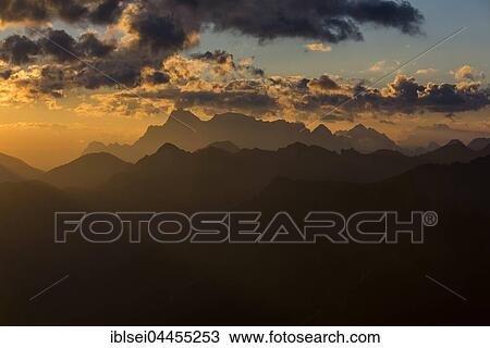 Stock Image - Außerfern mountains with Zugspitze at sunrise, Elemen, Lechtal, Bezirk Reutte, Tyrol, Austria, Europe. Fotosearch